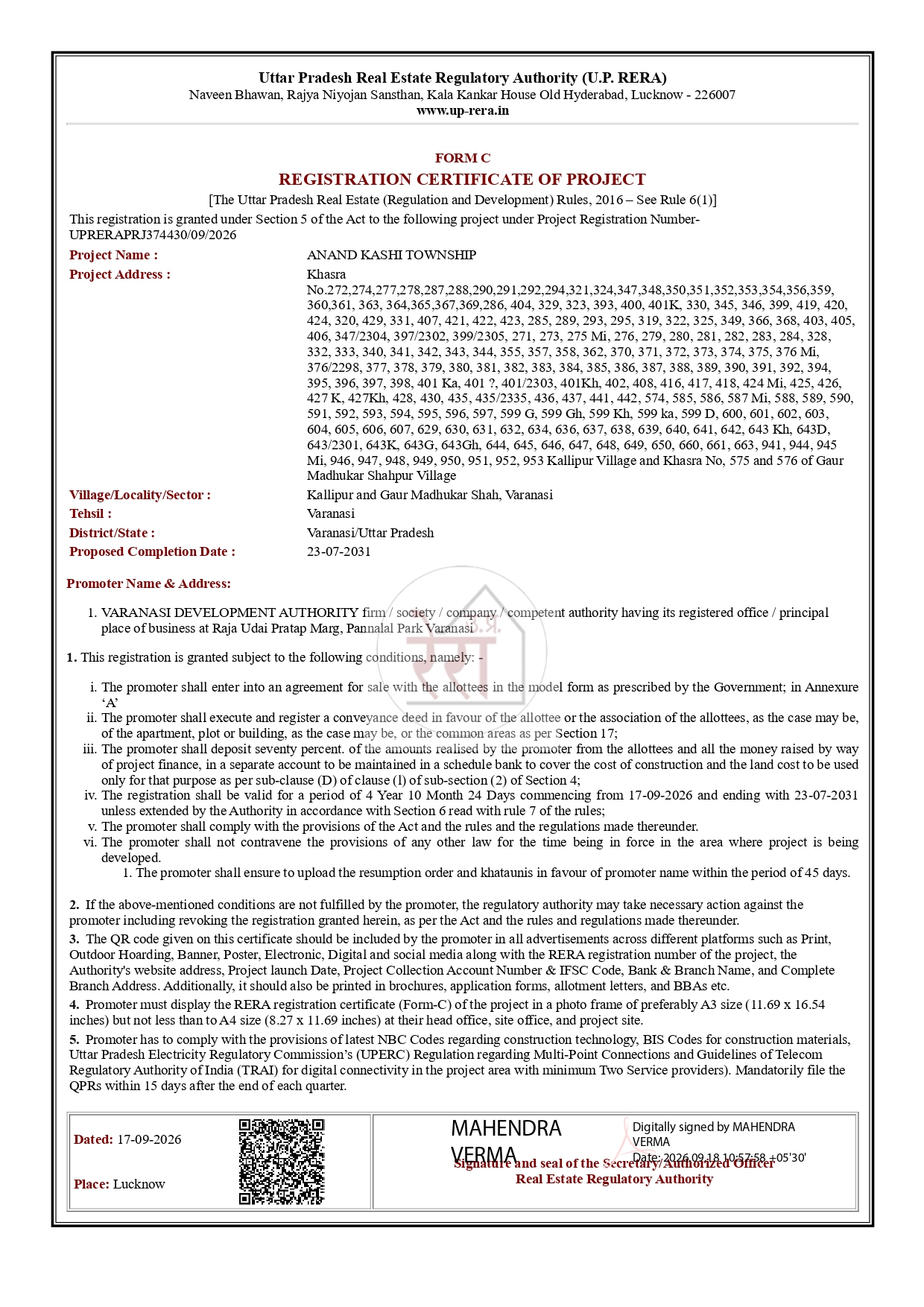 Anand Kashi Township (RERA Certificate)